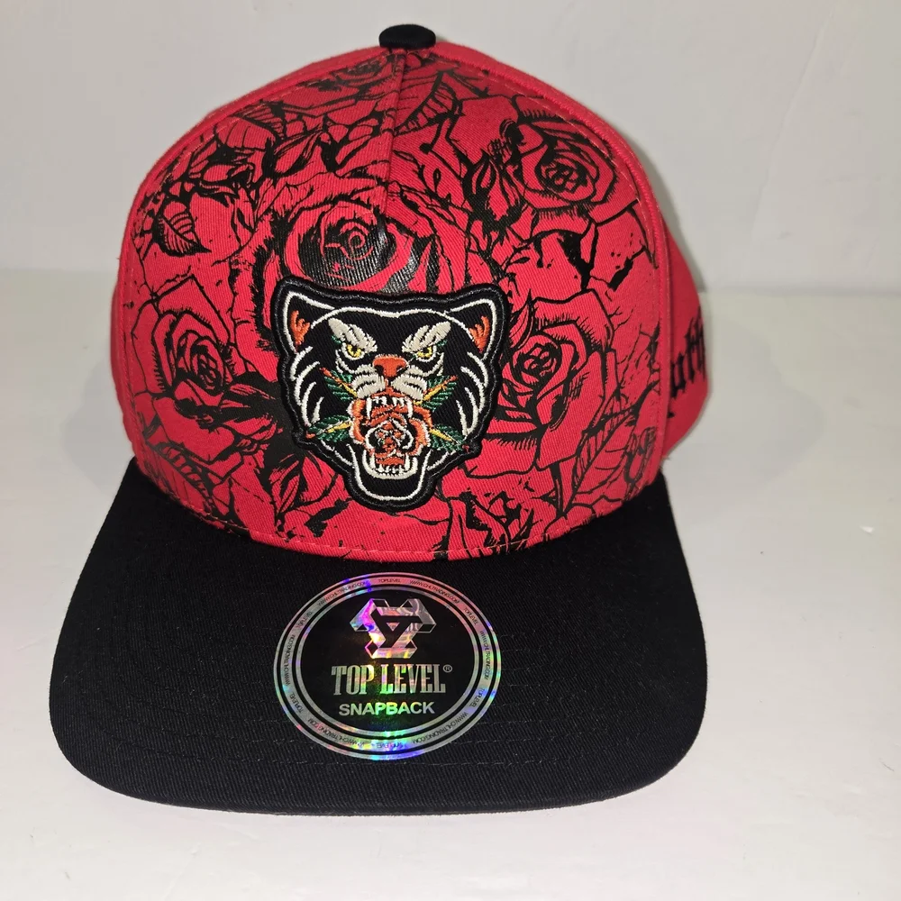 Top Level Men's snapback hats Ruthless Tiger And Roses. Black And Red